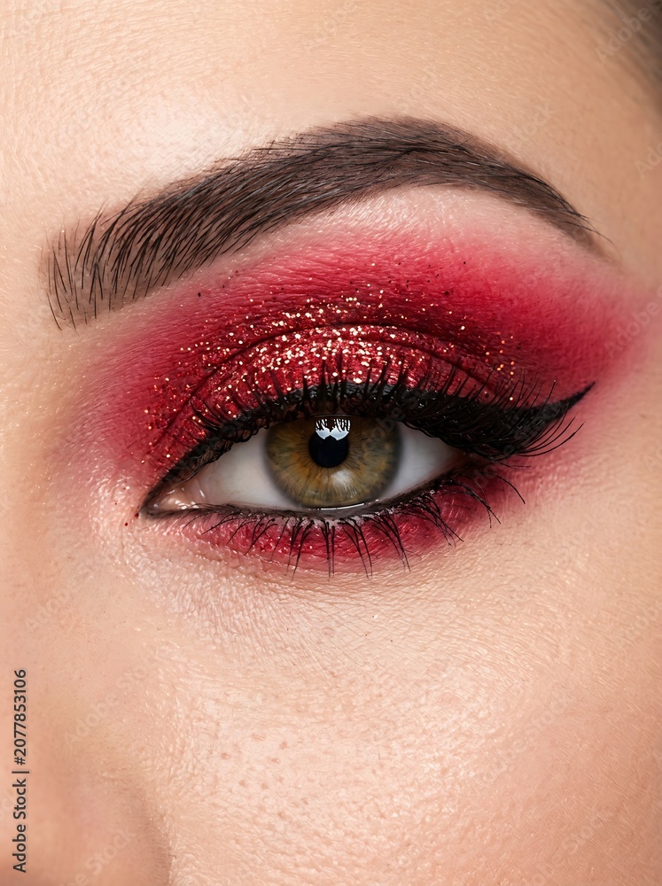 Naklejka premium Stunning Close Up Shot of a Woman With Dramatic Red Glitter Eyeshadow Makeup