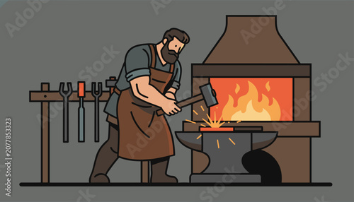 Strong blacksmith worker using a large hammer to shape hot metal on an anvil next to a burning fire furnace.