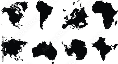 Cuadro en lienzo Black and white continent silhouettes set featuring detailed world map regions a