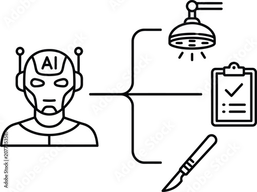 Artificial intelligence concept with robot head shower clipboard and brush on white background
