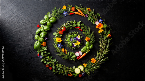Organic Grocery Flat Lays Spiral of Fresh Herbs, Vegetables and Edible Flowers on Black Background