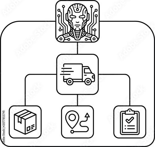 Robot head with circuit board connected to delivery truck box map clipboard icons  logistics and delivery process with artificial intelligence