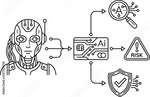 Robot head with artificial intelligence concept and icons for risk management and security on a transparent background  AI technology and data protection