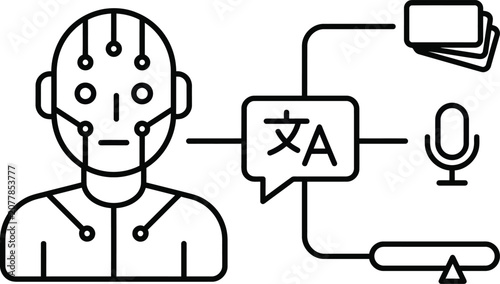 Robot head with speech bubble and microphone connected to a computer  technology and communication concept