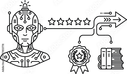 Robot head with circuit board design and lines connecting to stars and badges and books on white background  technology and innovation concept