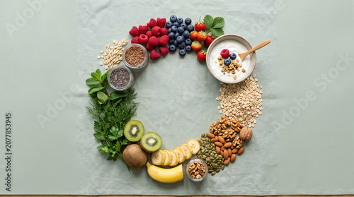 Organic Grocery Flat Lays Circular Arrangement of Fresh Produce and Grains on Gray Background