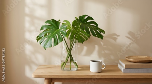 Monstera Deliciosa Leaves in a Glass Vase on a Wooden Table with a Cup and Books