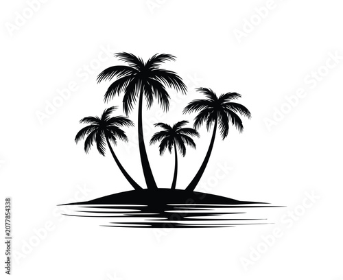 Palm vector silhouette tropical island scene with three trees