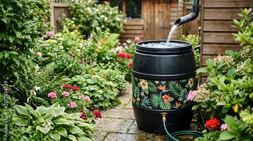 Water Barrel For Sustainable Garden Watering With Lush Greenery And Flowers