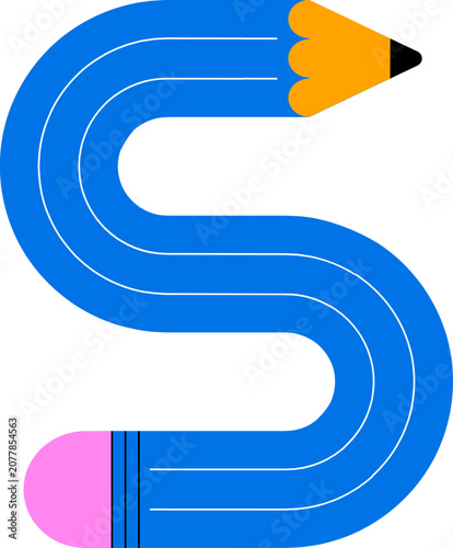 Colorful curved S-shaped pencil doodle. Playful back to school graphic element. Hand drawn education vector illustration