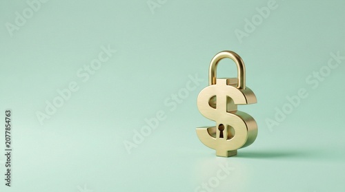 Gold dollar sign padlock with copy space background concept of financial security and money protection