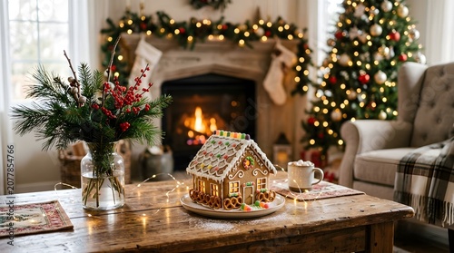 Festive Gingerbread House and Decorated Christmas Tree in Cozy Living Room Scene