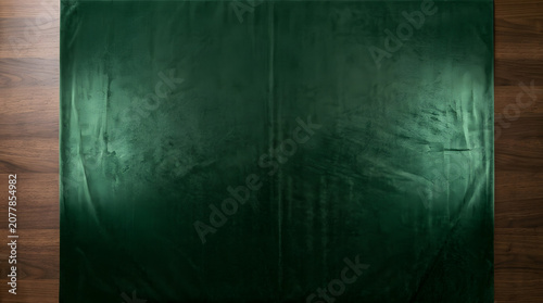 A close-up view of a green velvet fabric on a wooden surface