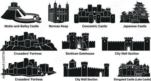 Fotografie Historical castle architecture vector silhouette icon set featuring medieval for