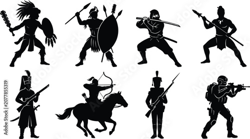 Obraz na płótnie Historical warriors and modern soldiers vector silhouette icon set representing