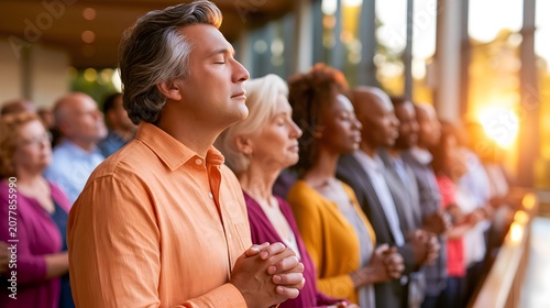 Diverse congregation praying together in a sunlit church sanctuary