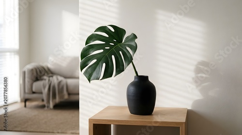 Minimalist Home Decor Featuring a Large Monstera Leaf in a Black Vase on a Wooden Table