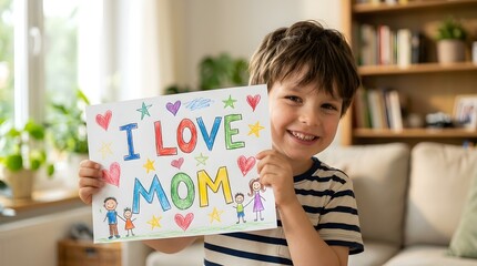 Joyful Boy Holds 'I Love Mom' Drawing With Colorful Hearts, Stars, And Drawings Of Family Celebrating Mother's Day
