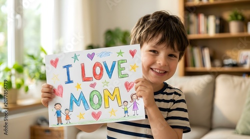 Joyful Boy Holds 'I Love Mom' Drawing With Colorful Hearts, Stars, And Drawings Of Family Celebrating Mother's Day