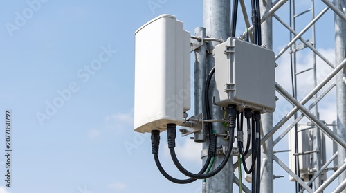 Close up of cellular tower equipment with antenna and cable system, communication technology and network infrastructure macro close-up, technology detail, industrial background