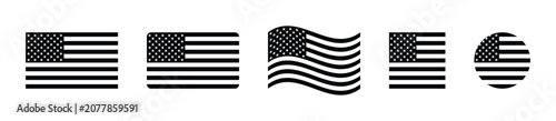 United States flag icon black and white featuring flat rounded waving square and circular shapes isolated on white backdrop.