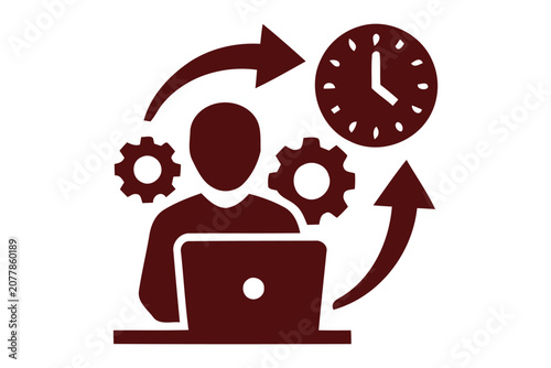 Silhouette of person working on laptop with gears and clock on white background in modern flat design