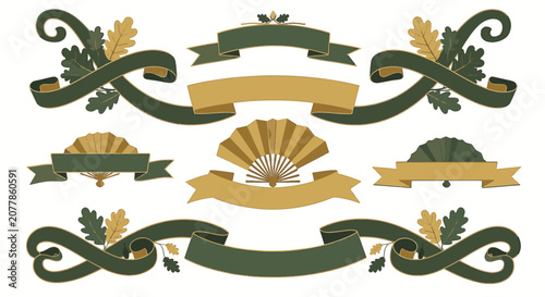 Set of vintage decorative banner ribbons in dark green and gold colors featuring oak leaf accents and folding fan motifs, isolated on a white background for graphic design.