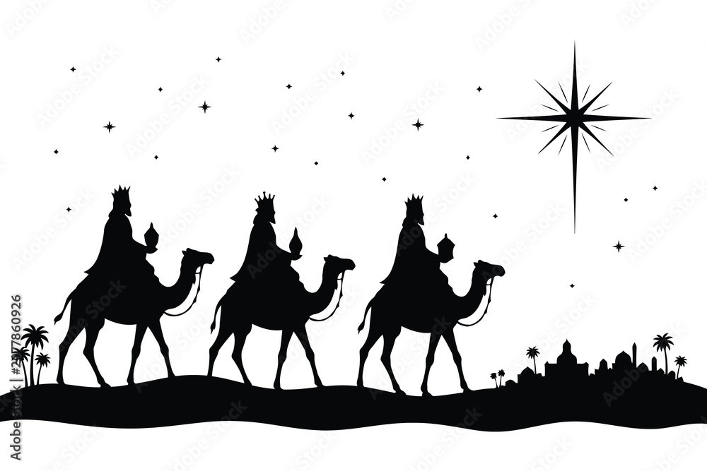 Fototapeta premium Three wise men riding camels towards the star of bethlehem at night