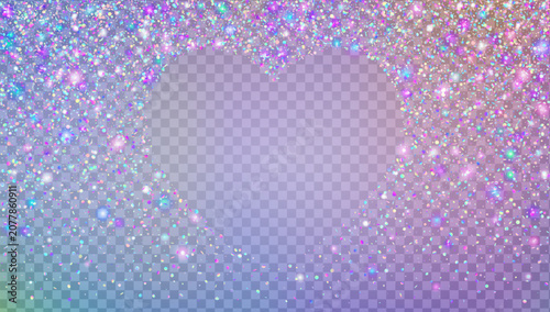 Glitter Sequins In Heart Shape. Rainbow Shiny Sparkles For Carnaval And Party. Holographic Valentine And Wedding Background. Blue Brilliant Light.  Pink Glitter Sequins For Love Concept