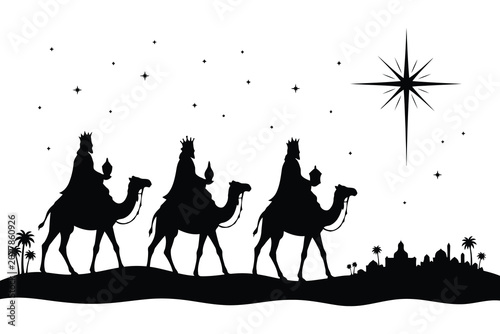 Fotografía Three wise men riding camels towards the star of bethlehem at night