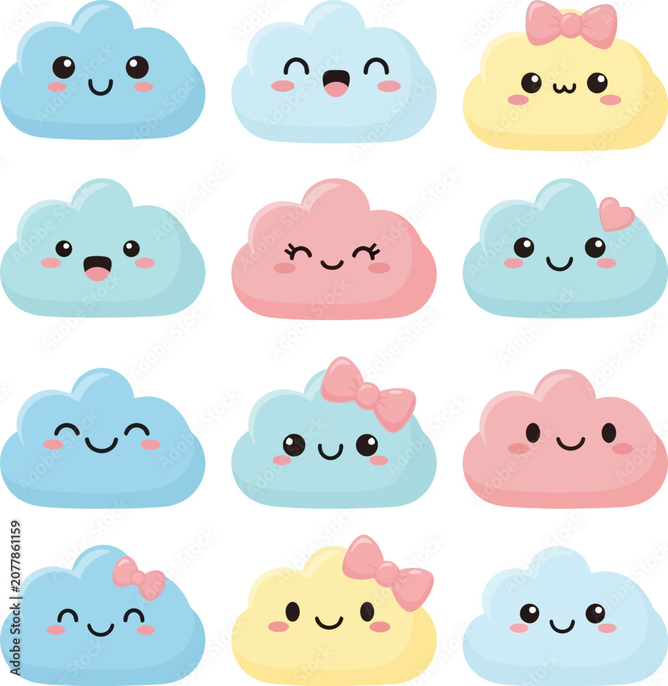 Fototapeta premium Collection of whimsical, pastel-colored cartoon clouds with happy faces, expressing joy and playfulness