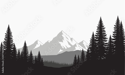 Fotografía Serene Vector Illustration of Towering Mountain Peaks and Lush Pine Forest Wilde