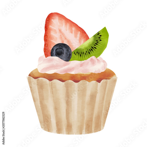Hand Painted Watercolor Cupcake with Mixed Berry and Kiwi Fruit Topping