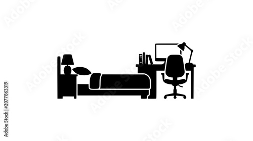 Bedroom and home office furniture silhouette icon on white background
