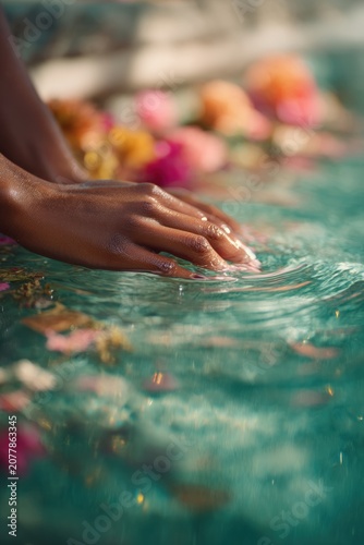 African American woman hand touching water surface with flower petals. Conceptual spa scene showing relaxation and self care. Wellness and luxury skincare aesthetic background.