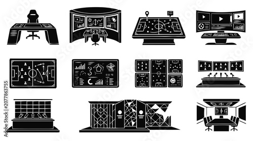 Bild auf Leinwand Collection of Gaming Controllers and Consoles Line Art Illustration Set in Black