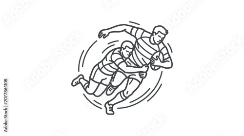 Circular frame showing rugby players in a tackle.