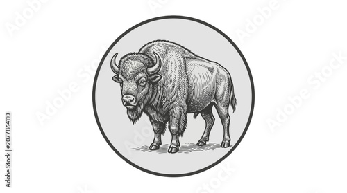 Circular framed sketch of a standing bison.