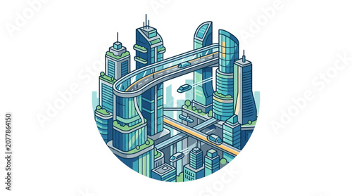 Circular futuristic city isometric vector illustration.