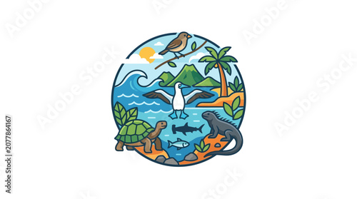 Circular Galapagos Islands wildlife and nature badge illustration