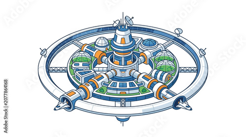 Circular futuristic space habitat station design.