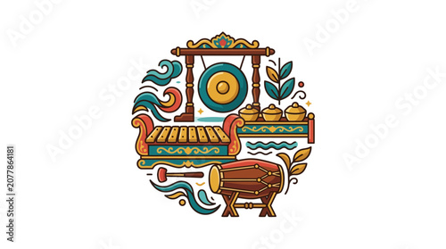 Circular gamelan instrument arrangement with gong and drum.