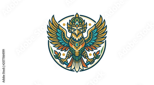 Circular Garuda eagle emblem with intricate ethnic patterns.