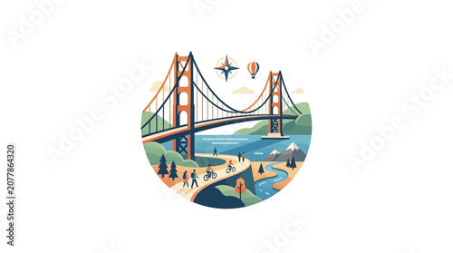 Circular Golden Gate Bridge scene with cyclist.