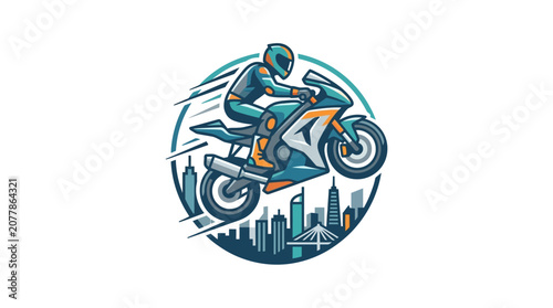 Circular graphic of sportbike rider speeding through city.