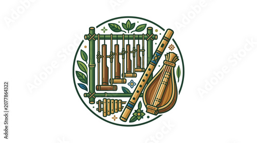 Circular graphic of angklung and traditional wind instruments.