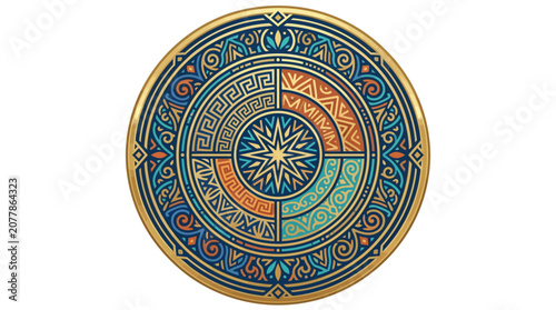 Circular golden medallion with intricate tribal carvings