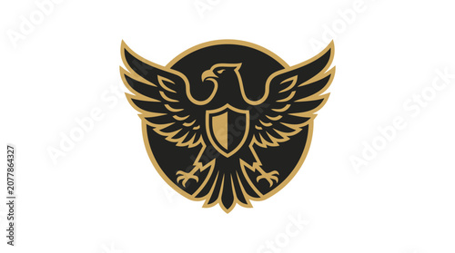 Circular golden eagle logo with shield motif.