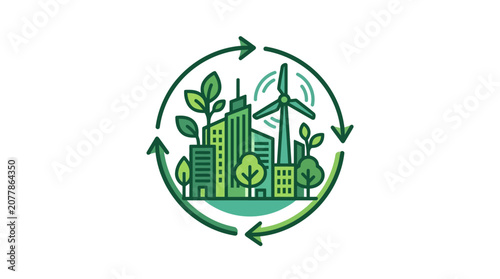Circular green city icon with wind turbine and forest.