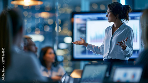 Faceless businesswoman leading a strategic planning meeting in a glass conference room, explaining goals, reviewing performance metrics and coordinating tasks while colleagues